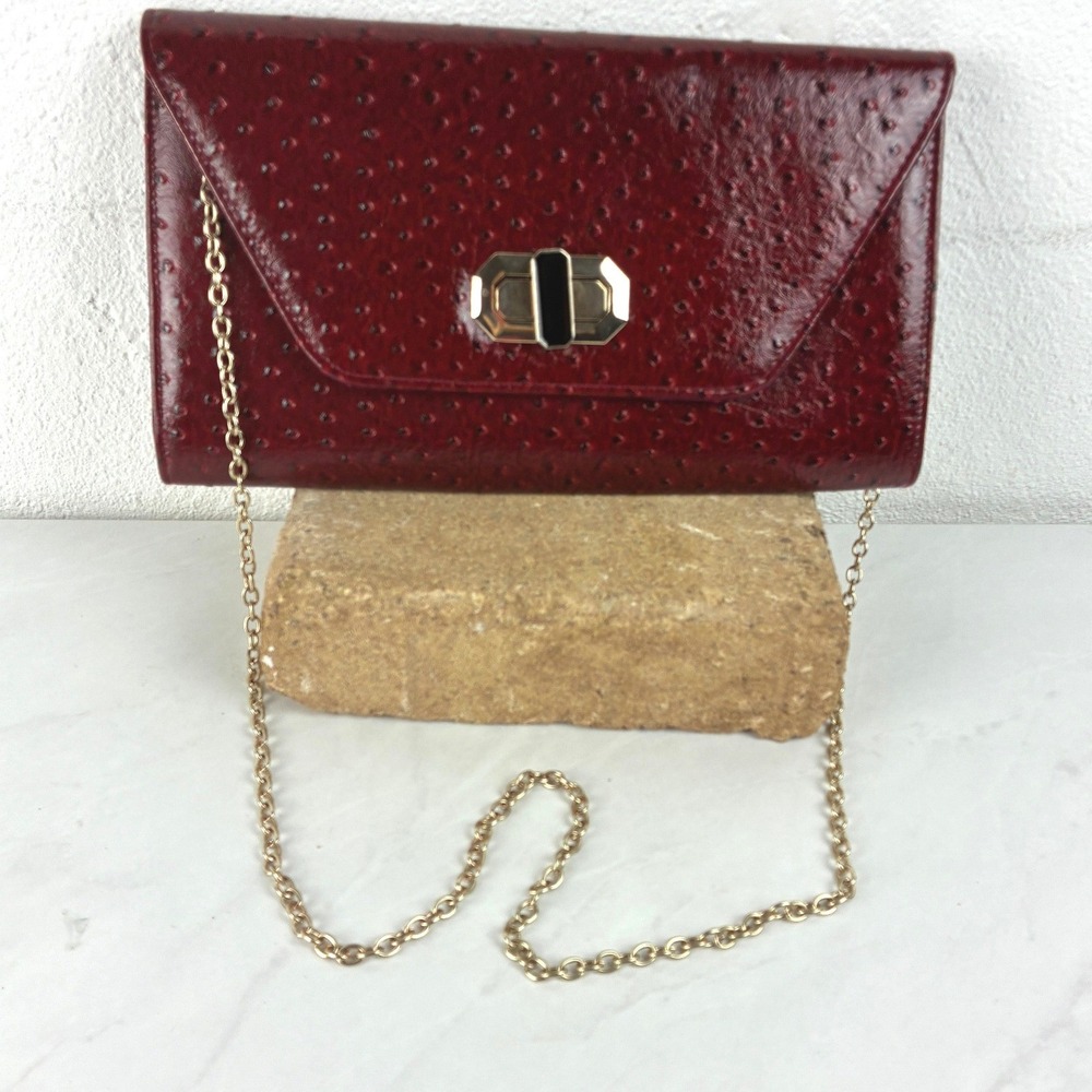 Mix No 6 Burgundy Red Ostrich Embossed Clutch Bag Gold Chain Strap Evening Purse